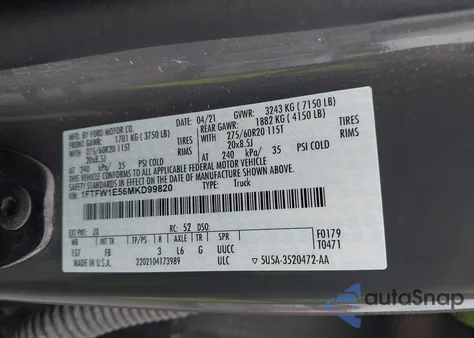 2021 Ford F-150 Xlt z USA, uszkodzony, nr VIN 1FTFW1E56MKD99820